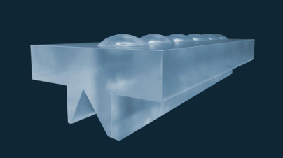 微透镜阵列 3D 渲染：梯形玻璃基底 + 顶部微透镜阵列